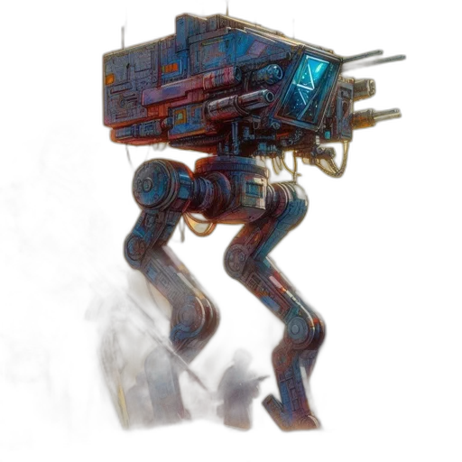 robot, weapon, concept art, cyberpunk, pixel art, fantasy art, outer space, blue transparent PNG cut-out