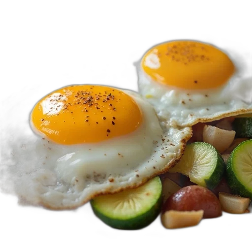 food, photorealistic, 3d render, plate, two, fried, eggs, top transparent PNG cut-out