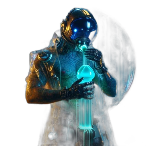 robot, mask, bottle, weapon, concept art, cyberpunk, fantasy art, 3d render transparent PNG cut-out