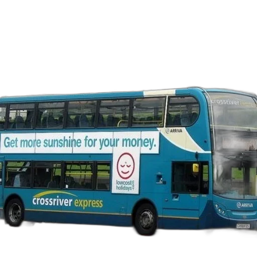 blue, double-decker, bus, advertisement, crossriver, express, low-cost, holidays transparent PNG cut-out