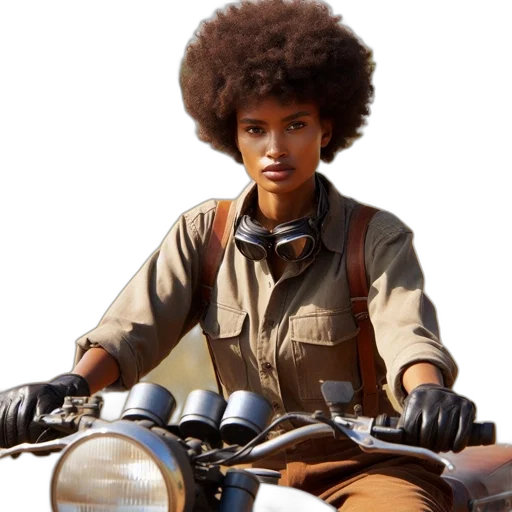 hair, jacket, car, hat, photorealistic, concept art, earth tones, adventurous transparent PNG cut-out