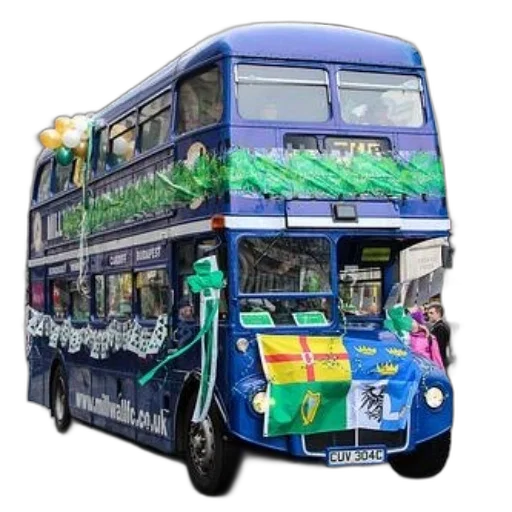 concept art, decorated, double-decker, bus, green, gold, decorations, flag transparent PNG cut-out