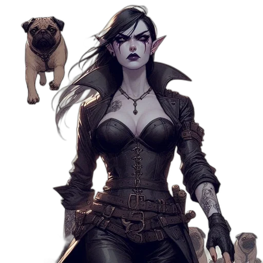 fantasy art, concept art, comic book art, pixel art, dark, elven, woman, adorned transparent PNG cut-out