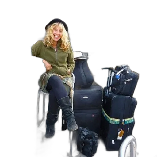 woman, sits, outdoor, café, several, suitcases, backpack, nearby transparent PNG cut-out