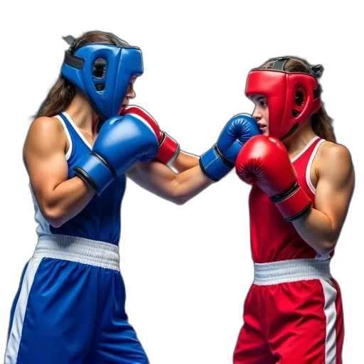 female, boxer, blue, white, uniform, throwing, punch, opponent transparent PNG cut-out