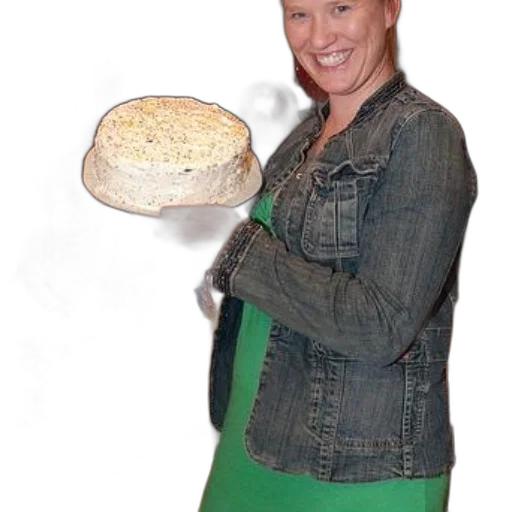 jacket, food, hat, staff, woman, denim, holds, cake transparent PNG cut-out
