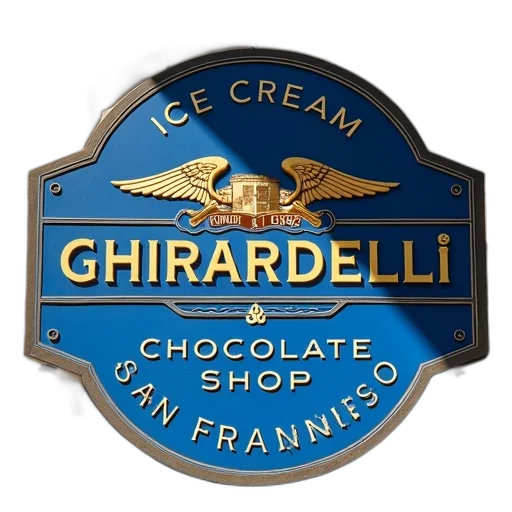 food, photorealistic, 3d render, blue, gold, sign, words, ghirardelli transparent PNG cut-out
