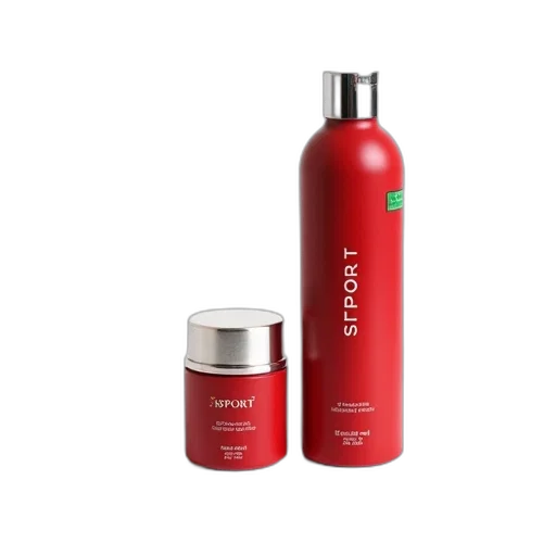 bottle, 3d render, red, cylindrical, container, silver, cap, green transparent PNG cut-out