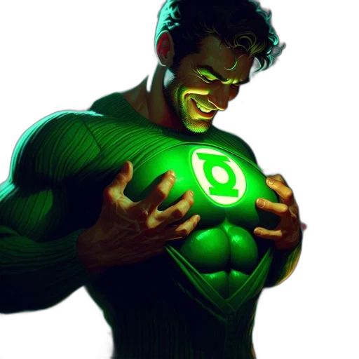 comic book art, concept art, 3d render, photorealistic, green, man, sweater, glowing transparent PNG cut-out