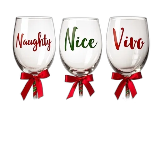 three, wine, glasses, festive, designs, displayed, white, background transparent PNG cut-out