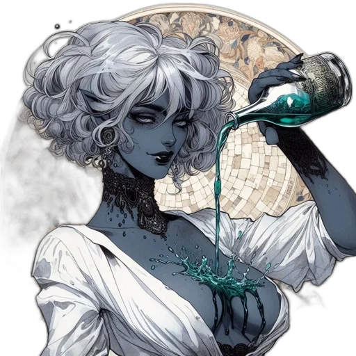 dress, staff, comic book art, fantasy art, concept art, anime, blue, monochrome transparent PNG cut-out