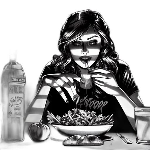 food, cartoon, comic book art, concept art, photorealistic, neon lights, monochrome, woman transparent PNG cut-out