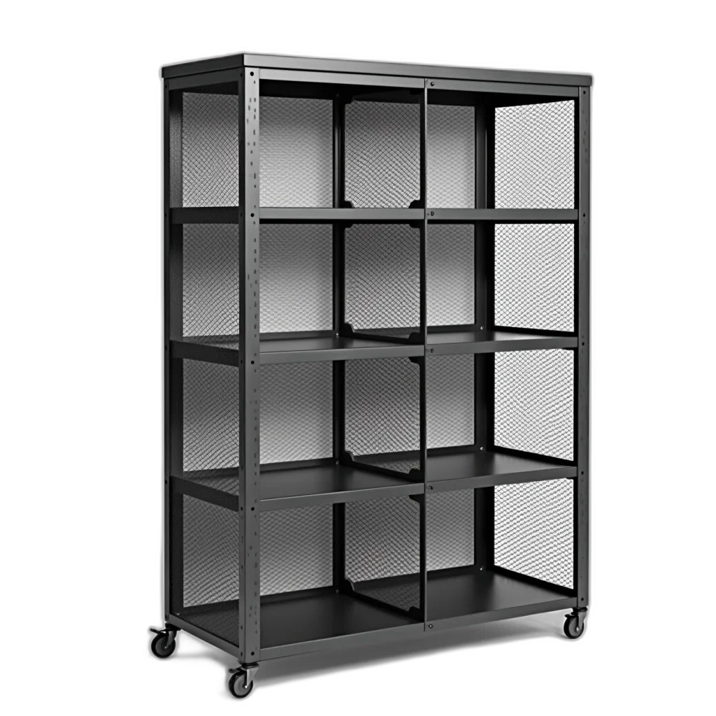 furniture, 3d render, monochrome, black, metal, shelving, unit, multiple transparent PNG cut-out