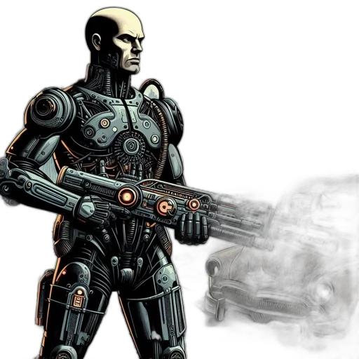 robot, weapon, concept art, comic book art, 3d render, cyberpunk, outer space, bald transparent PNG cut-out