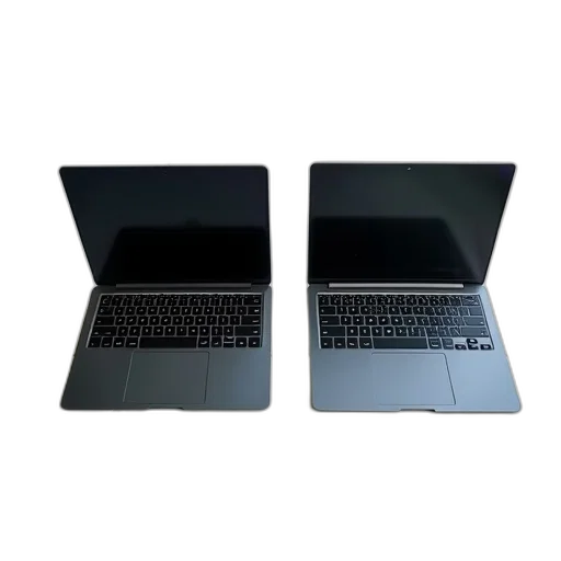 3d render, two, identical, black, laptops, placed, side, white transparent PNG cut-out