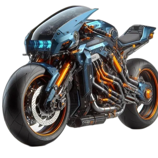 concept art, photorealistic, 3d render, comic book art, futuristic, blue, orange, motorcycle transparent PNG cut-out