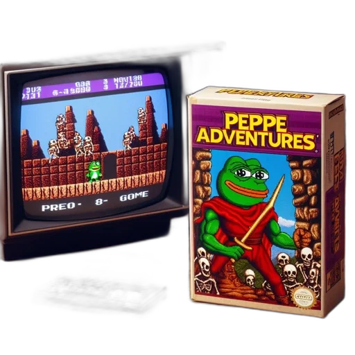 pixel art, vintage, nes, console, pepe, adventures, game, box transparent PNG cut-out
