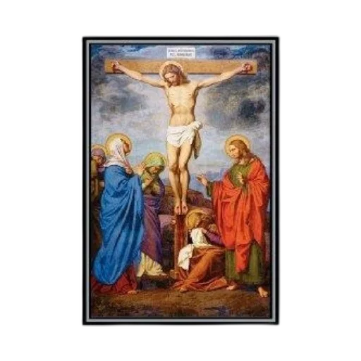 oil painting, religious, painting, depicts, jesus, cross, mary, other transparent PNG cut-out