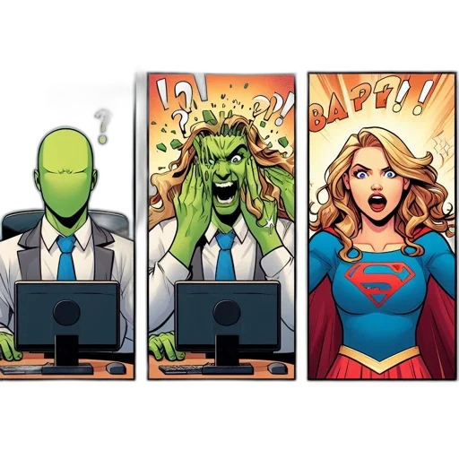 comic book art, concept art, 3-panel, comic, strip, green-skinned, man, initially transparent PNG cut-out