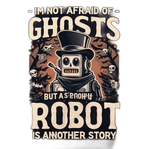 robot, comic book art, concept art, pixel art, spooky, halloween-theme, design, black transparent PNG cut-out