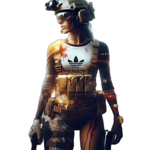 robot, dress, jacket, weapon, cyberpunk, concept art, pixel art, 3d render transparent PNG cut-out