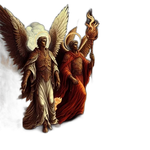 fantasy art, concept art, two, angelic, figures, stand, amidst, destruction transparent PNG cut-out