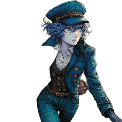 hat, staff, jacket, concept art, watercolor, fantasy art, pixel art, blue transparent PNG cut-out