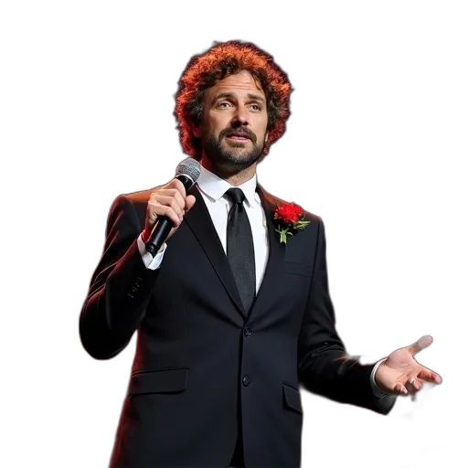 jacket, hair, crown, man, curly, standing, stage, holding transparent PNG cut-out