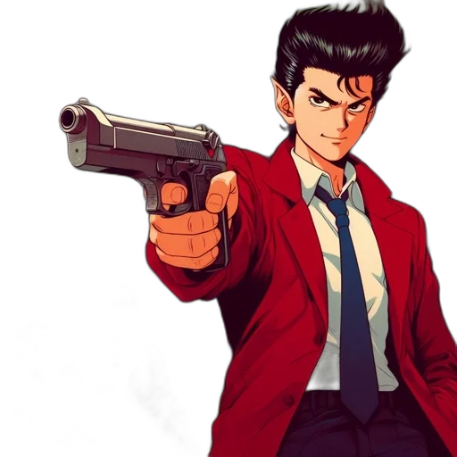 weapon, jacket, staff, anime, comic book art, cartoon, concept art, red transparent PNG cut-out