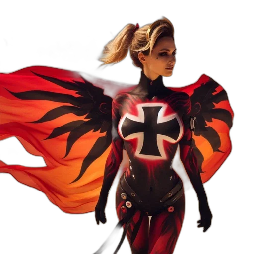 concept art, comic book art, fantasy art, 3d render, red, woman, black, bodysuit transparent PNG cut-out