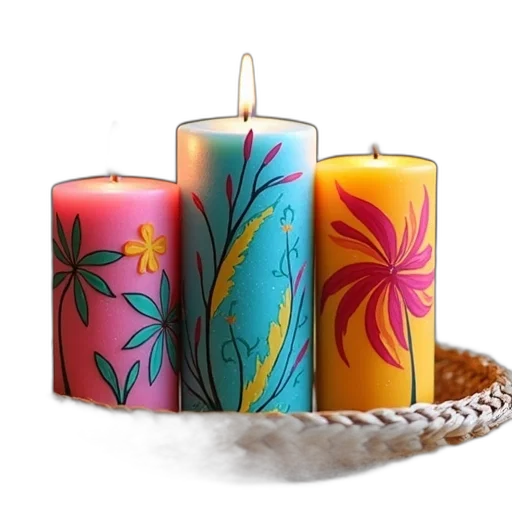 fire, collection, three, colorful, hand-painted, candles, unique, designs transparent PNG cut-out