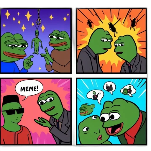 weapon, fire, pepe, frog, appears, 4-panel, comic, strip transparent PNG cut-out