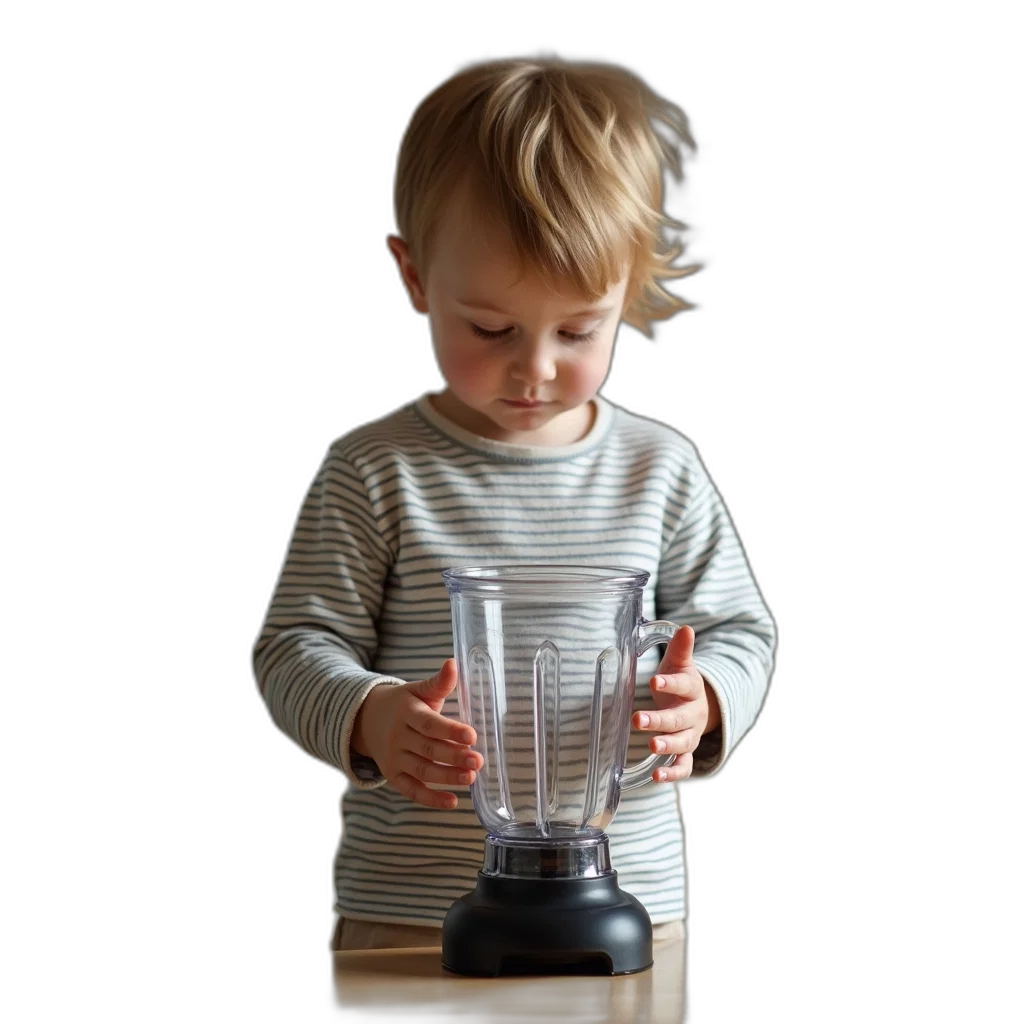 bottle, young, child, standing, kitchen, holding, blender, both transparent PNG cut-out
