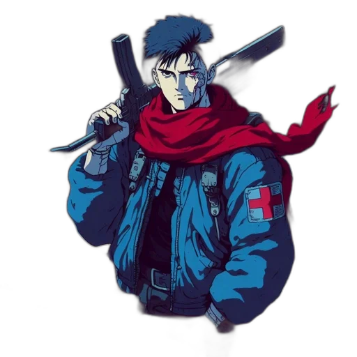 jacket, weapon, sword, staff, pixel art, anime, concept art, cyberpunk transparent PNG cut-out