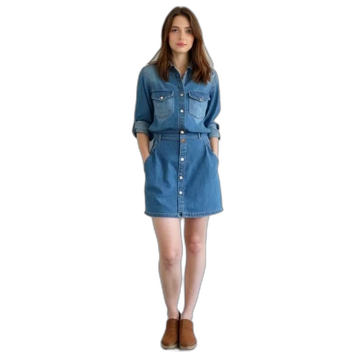 dress, jacket, blue, woman, standing, front, white, wall transparent PNG cut-out
