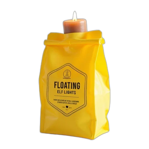 yellow, bag, label, reads, floating, elf, lights, clean transparent PNG cut-out