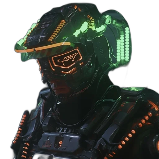 mask, robot, weapon, face, cyberpunk, concept art, 3d render, green transparent PNG cut-out