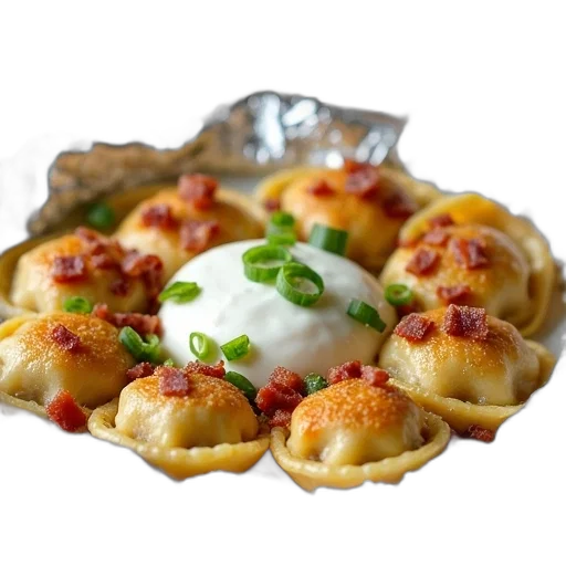 food, crown, photorealistic, plate, pierogies, dollop, sour, cream transparent PNG cut-out
