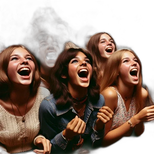 photorealistic, fire, vibrant, crowd, young, people, likely, 1960s transparent PNG cut-out