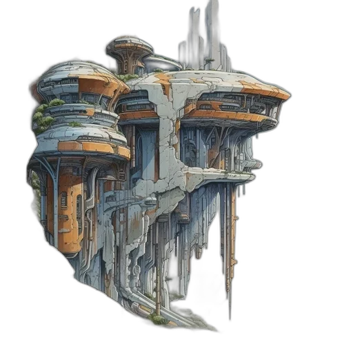 building, concept art, fantasy art, 3d render, watercolor, outer space, futuristic, multi-level transparent PNG cut-out