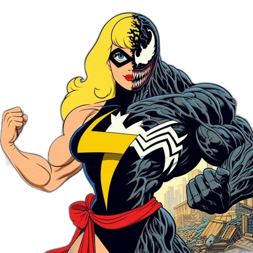 comic book art, cartoon, concept art, fusion, blonde, muscular, female, character transparent PNG cut-out