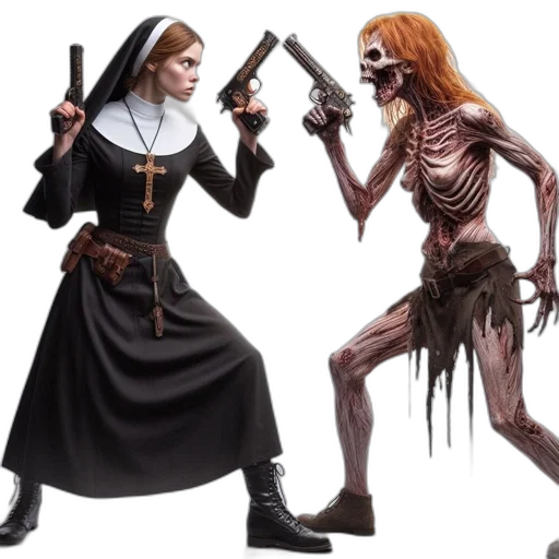 concept art, fantasy art, comic book art, 3d render, woman, nun, habit, holds transparent PNG cut-out