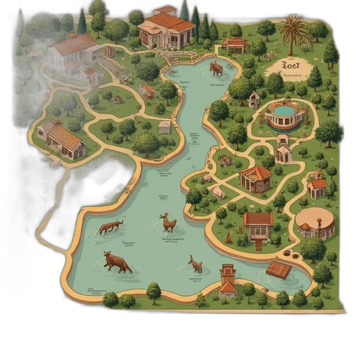 concept art, forest, fog, earth tones, detailed, map, zoo, various transparent PNG cut-out