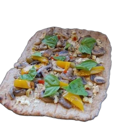 food, 3d render, photorealistic, homemade, pizza, mushrooms, peppers, basil transparent PNG cut-out
