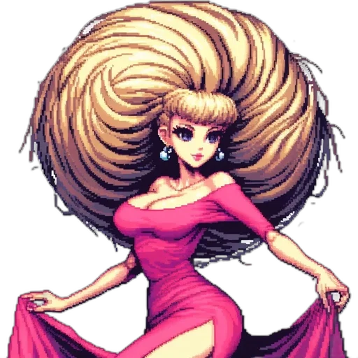 hair, dress, staff, crown, anime, pixel art, cartoon, vaporwave transparent PNG cut-out