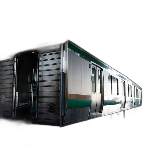 3d render, concept art, train, car, green, orange, stripes, parked transparent PNG cut-out