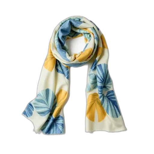 blue, golden, white, scarf, pattern, yellow, leaves, draped transparent PNG cut-out
