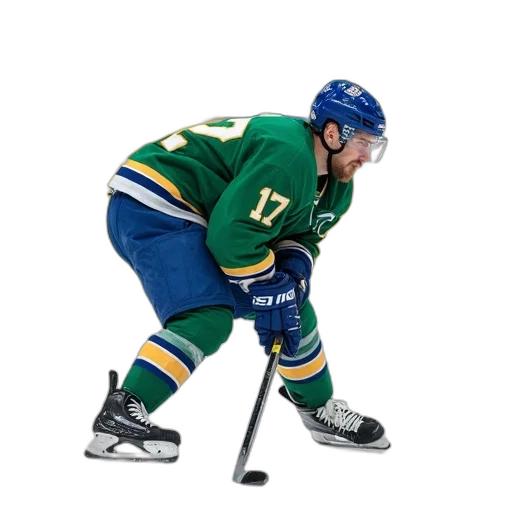 hockey, player, green, blue, uniform, crouched, down, ice transparent PNG cut-out