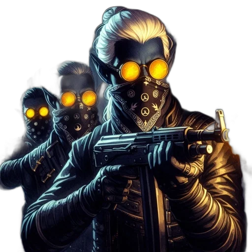 mask, jacket, cyberpunk, concept art, comic book art, pixel art, three, operatives transparent PNG cut-out