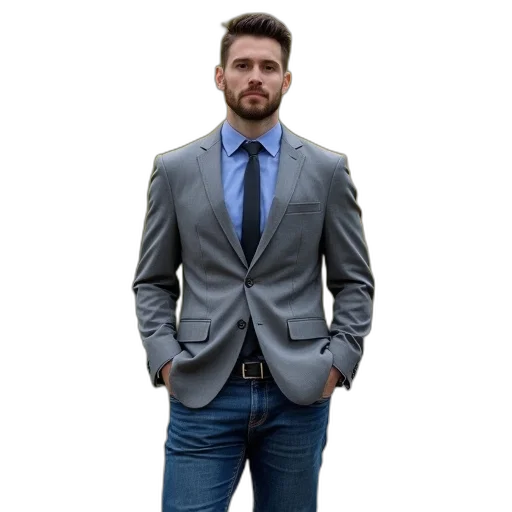 jacket, staff, face, 3d render, photorealistic, blue, man, grey transparent PNG cut-out